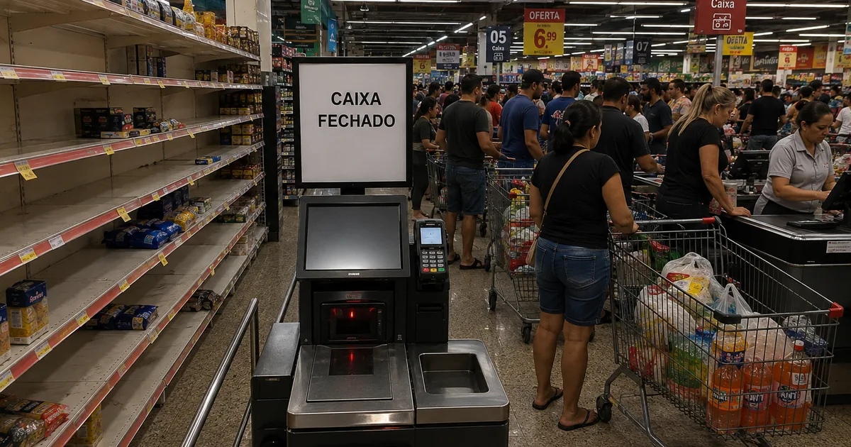 Supermercado cheio, com prateleiras de mercearia vazias, um caixa de autoatendimento sinalizado como fechado e filas nos caixas abertos.